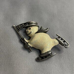 Vintage Ice-Skating Snowman Brooch – “LOVE” Flag